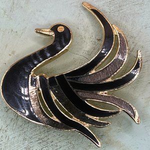 Vintage Black Gray Bird Gold Cormorant Enamel Cloisonne Animal Brooch Pin